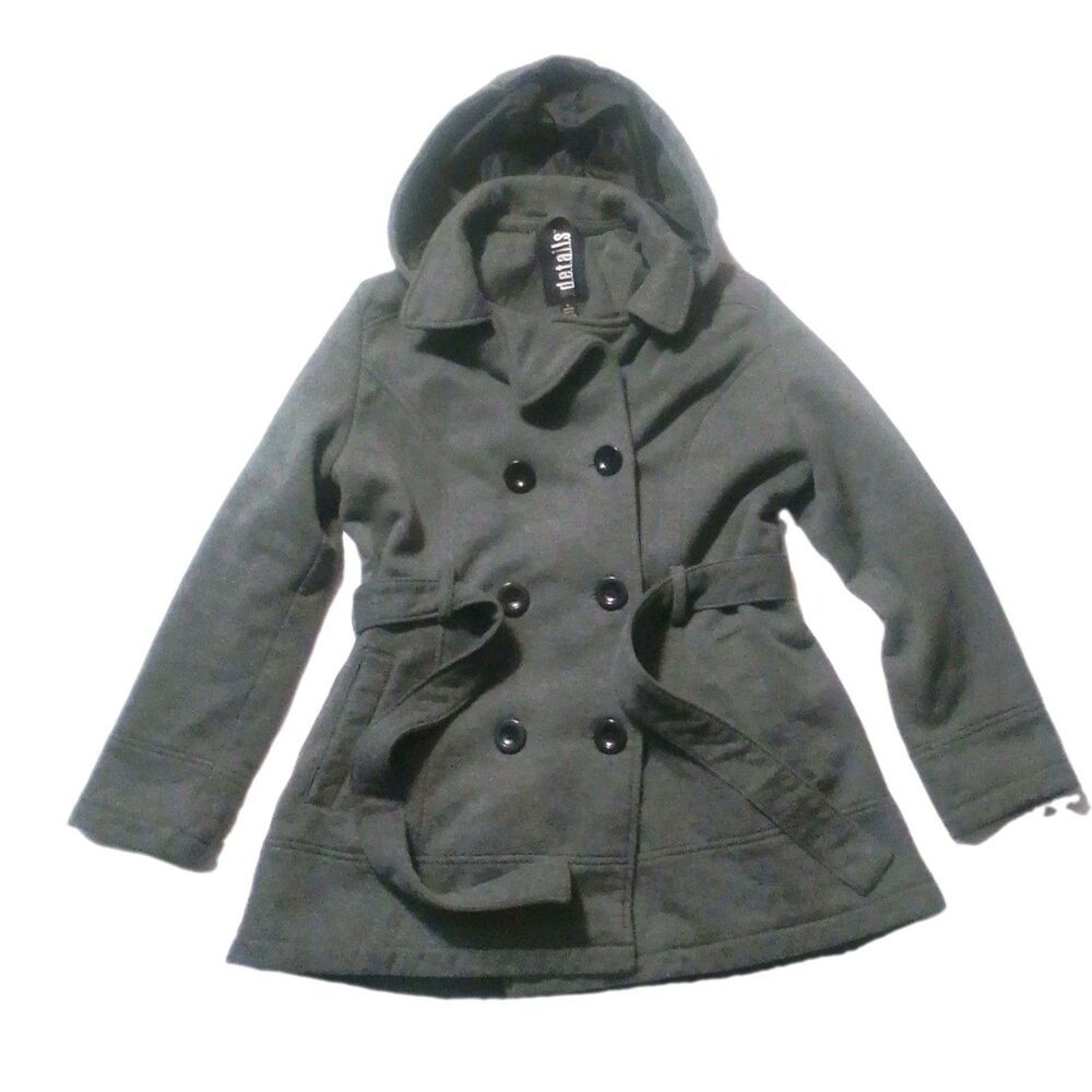 Details Intl Coat Womens Large Gray Twill Tie Waist Fitted Button Jacket Peacoat